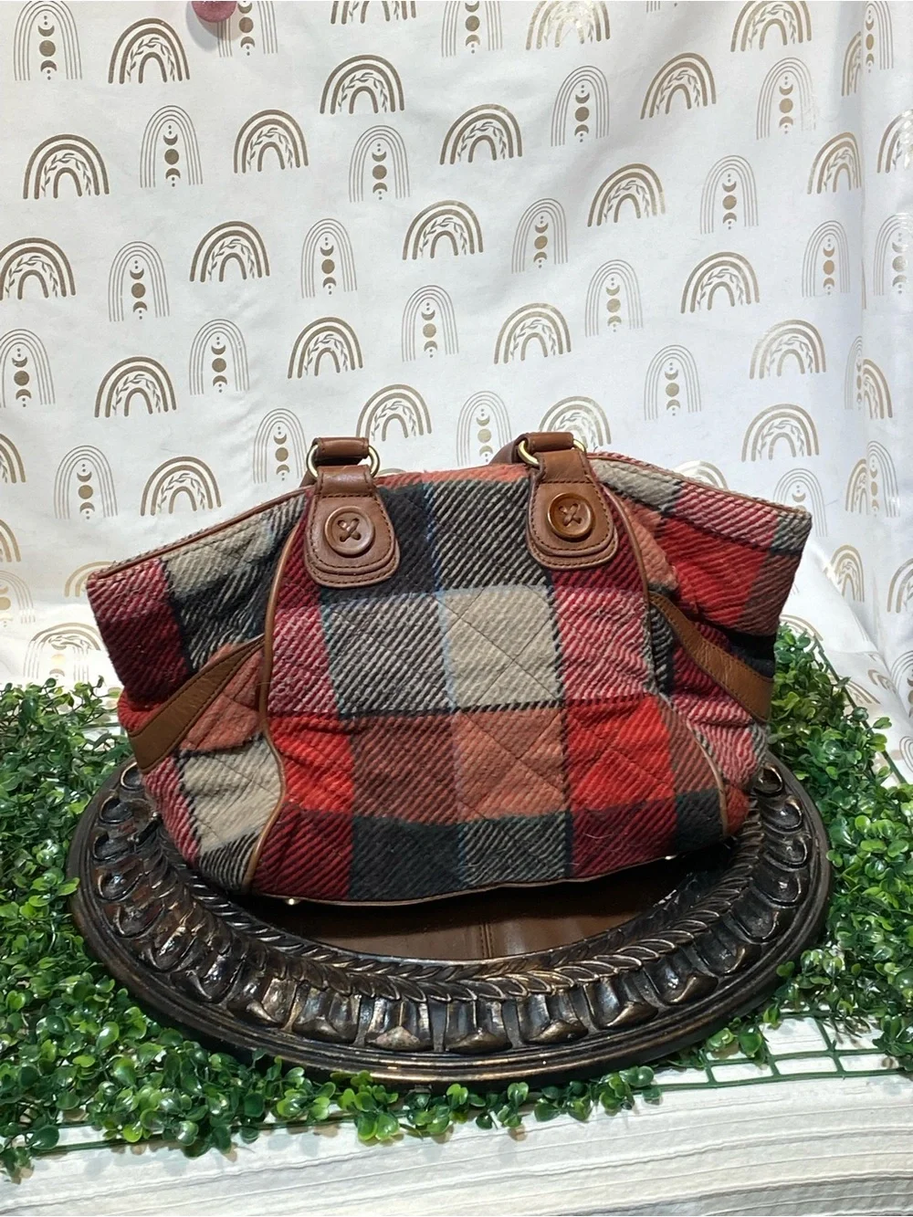 Vera Bradley Red, Black, Cream Plaid Shoulder Bag with Brown Handles